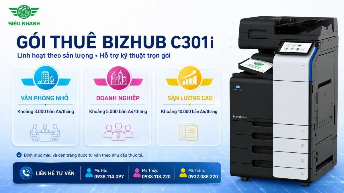 Thuê Máy Màu Photocopy Konica Minolta bizhub C301i Trọn Gói